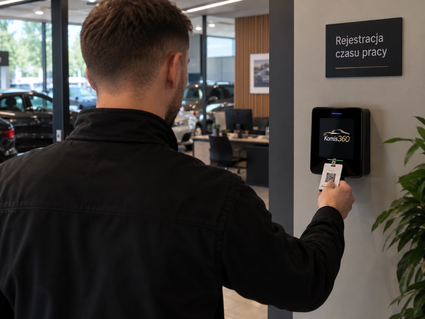 Pracownik skanuje kartę QR przy rejestratorze Komis360 pod tabliczką Rejestracja czasu pracy